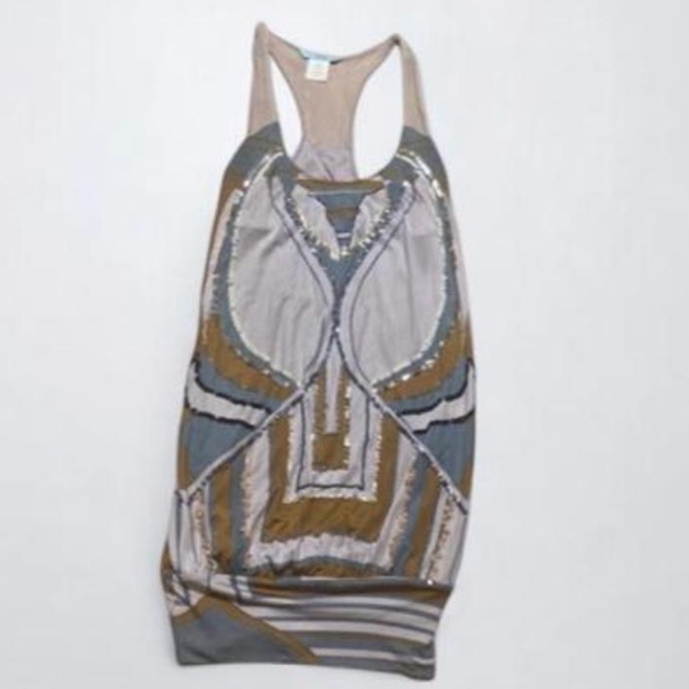 Guess by Marciano Taupe, Gray & Mustard Geometric Racerback Mini Dress